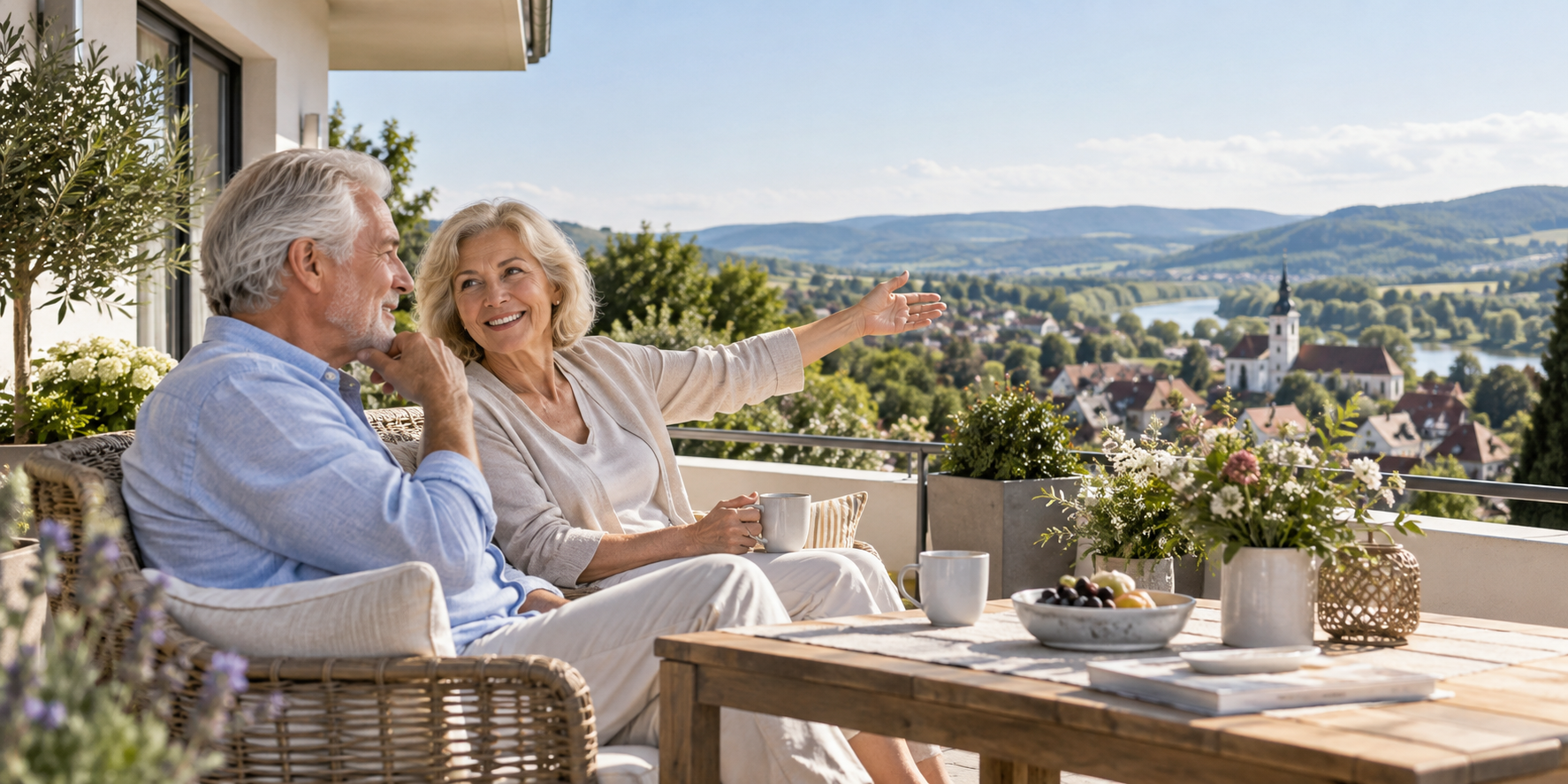 Älteres Paar betrachtet von einer Terrasse eine helle Wohnlandschaft